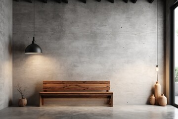 A vintage wooden bench placed in an empty room with a concrete wall and floor
