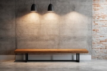 A cozy interior room featuring a wooden floor, an empty bench, a concrete wall for mockup