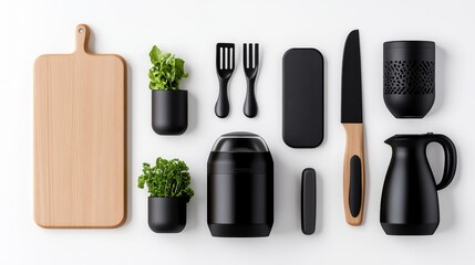 Fototapeta premium Black Kitchen Utensils and Accessories with Wooden Cutting Board
