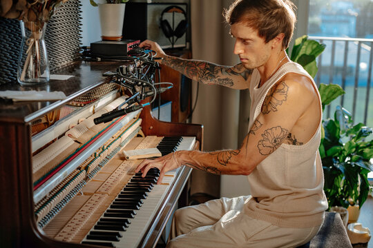 The composer creates music