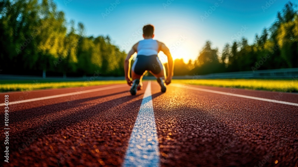 Poster a runner in starting position on a red track with the sunset in the background.