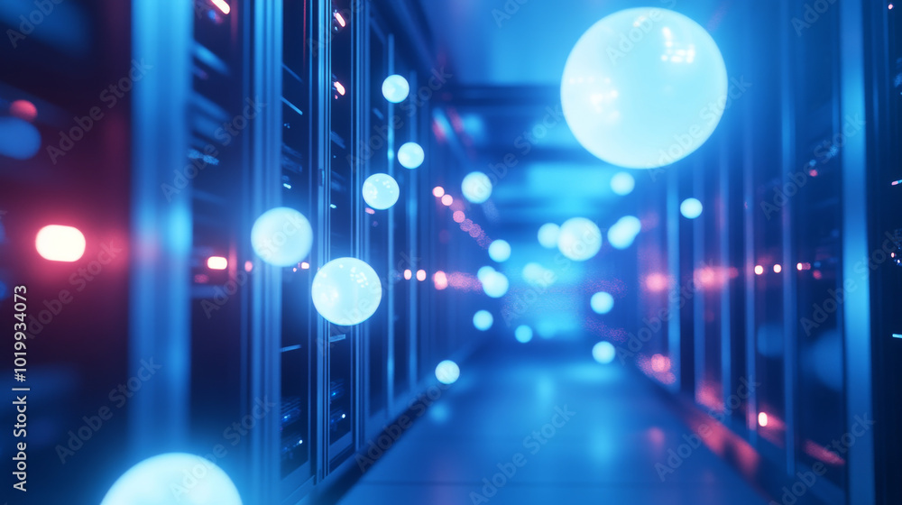 Poster a futuristic server room with glowing data spheres floating in the air. this represents the idea of 