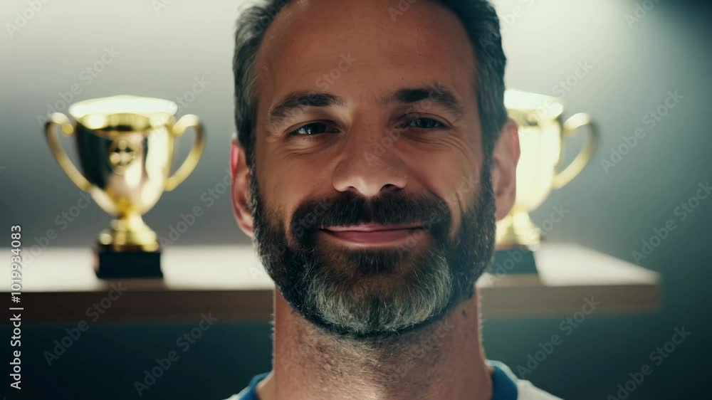 Poster close-up video of a middle-aged man with a beard, expressing pride with soft, diffused light. a blur