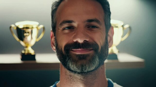 Close-up video of a middle-aged man with a beard, expressing pride with soft, diffused light. a blurred trophy case is in the background.
