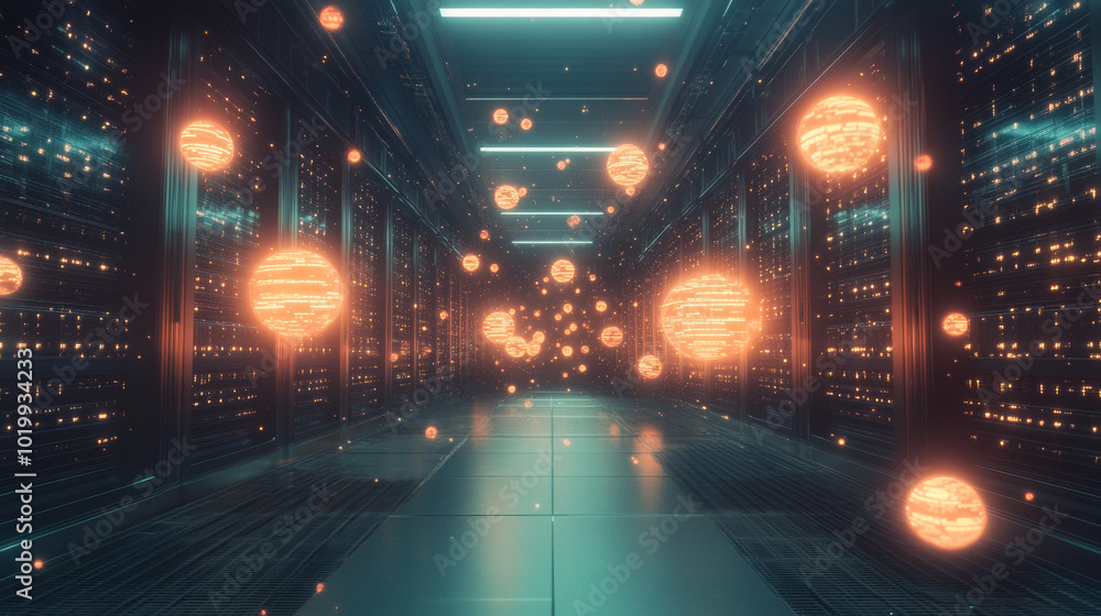 Poster a futuristic server room with glowing data spheres floating in the air. this represents the idea of 