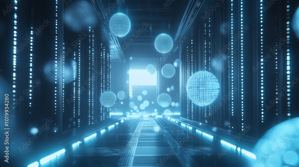 Poster a futuristic server room with glowing data spheres floating in the air. this represents the idea of 