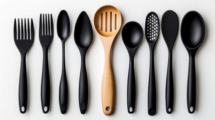 Black Silicone Kitchen Utensils and Wooden Spatula