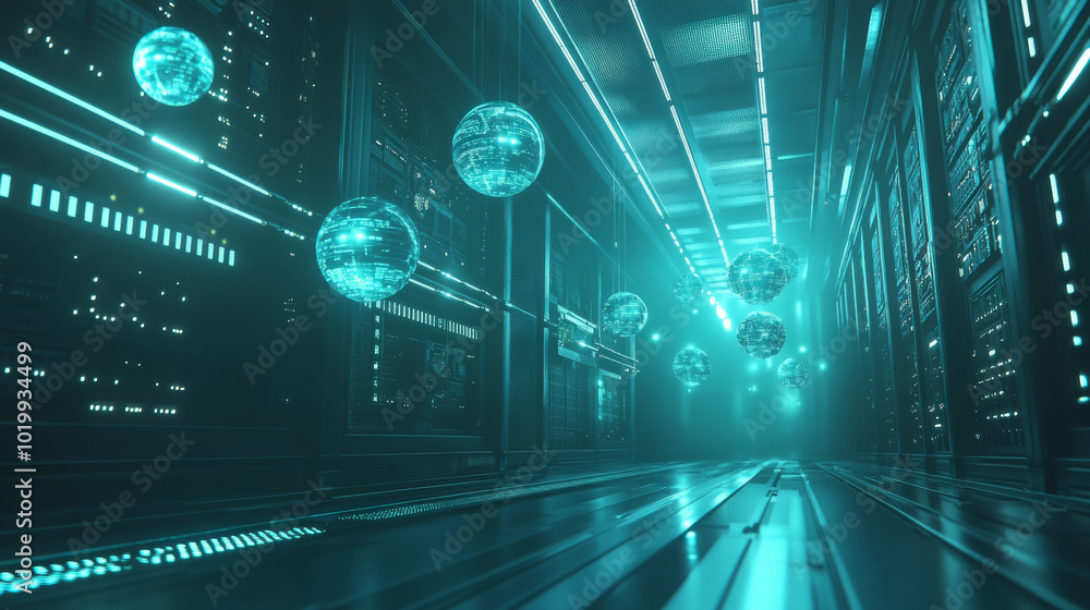Poster a futuristic server room with glowing data spheres floating in the air. this represents the idea of 