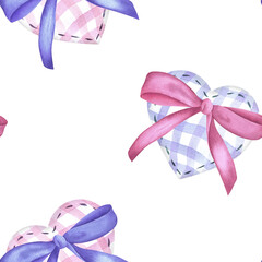 Pink and blue rag hearts in a cage with bows. Seamless pattern painted with watercolors on a white background. For decoration, design, paper, textiles, printing