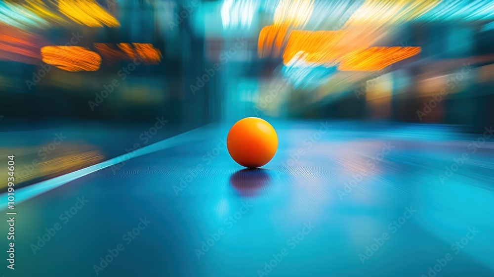 Poster a single orange ping pong ball sits on a blue table with a blurred background of lights.