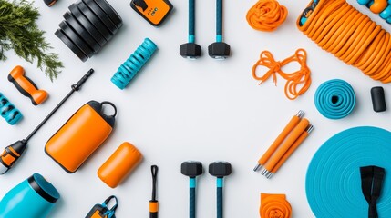 Fototapeta premium Fitness Equipment Flat Lay with Orange and Blue Accessories