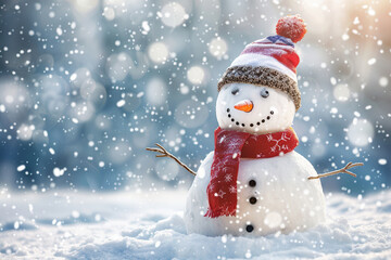 Obraz premium Christmas greeting card with bright winter holiday snowman and New Year background