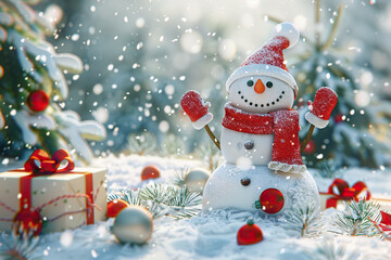 Obraz premium Christmas greeting card with bright winter holiday snowman and New Year background