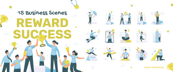 Office worker business scenes of reward success concept illustration set