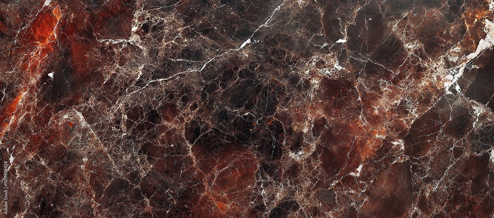 Poster a close-up of dark brown and red marble with intricate patterns