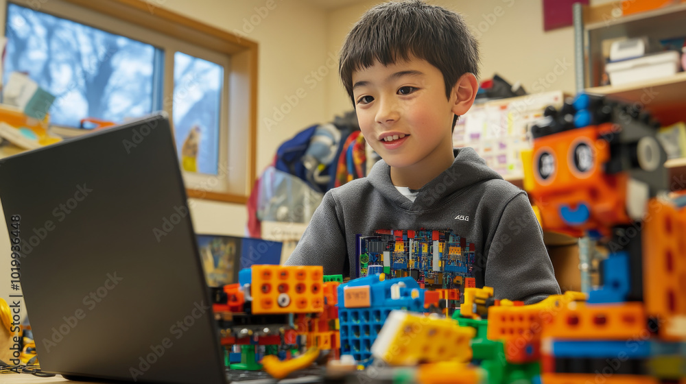 Poster the boy uses building blocks to create a robot that looks like a person. he then uses his laptop to 