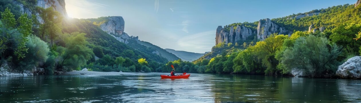 Outdoor enthusiasts kayaking on the Ardeche River, adventure, nature
