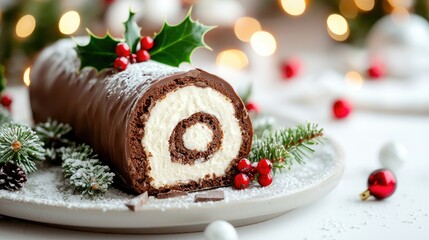 Festive Chocolate Yule Log with Holly and Berries