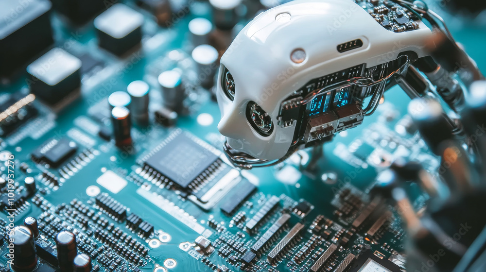 Poster a computer chip with built-in artificial intelligence. the ai is directly on the chip, connected to 