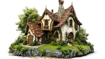 Fototapeta premium A charming, whimsical cottage with a stone chimney, ivy-covered walls, and a lush green lawn. The house is surrounded by trees and flowers.