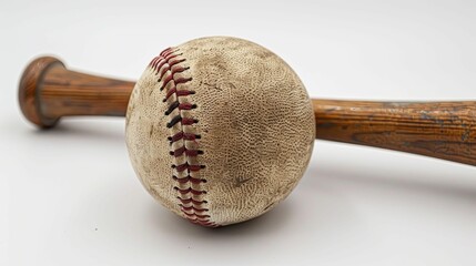 Worn Baseball and Wooden Bat on a White Surface