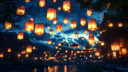 Naklejka premium Glowing Paper Lanterns Floating in the Serene Night Sky at Lantern Festival