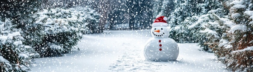 Obraz premium A cheerful snowman stands in a snowy landscape, surrounded by evergreen trees, capturing the essence of winter wonderland magic