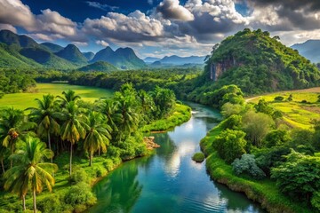 Naklejka premium Serene Rivers of Cuba: Lush Landscapes and Tranquil Waters Flowing Through Tropical Paradise