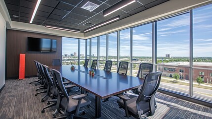 Obraz premium A modern conference room with a large table, chairs, and a view of the city from the windows.