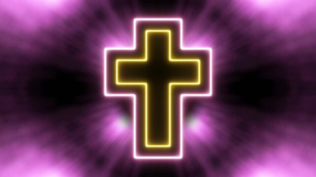 Animation of a double neon Christian cross materializing against a mystical flowing particle background. Serene religious-themed motion backdrop ideal for church services or spiritual content.