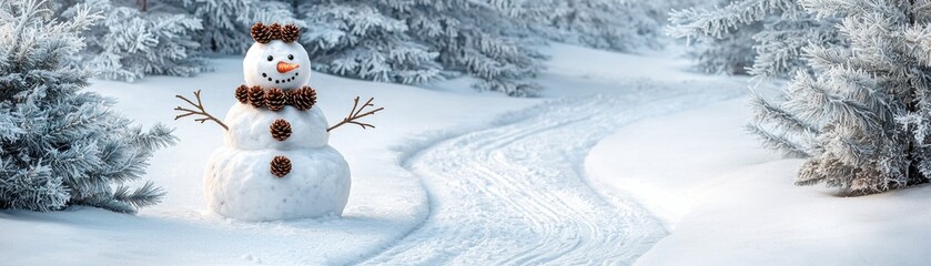 Fototapeta premium A cheerful snowman stands in a winter wonderland, surrounded by snow-covered trees and a winding path in a peaceful landscape