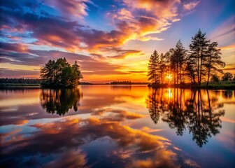 Serene Sunset Over Calm Lake with Silhouetted Trees and Reflections on Water Surface at Dusk