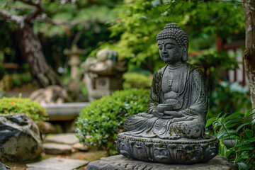 Beautiful greeting card with ancient statue great Buddha to bright holiday composition