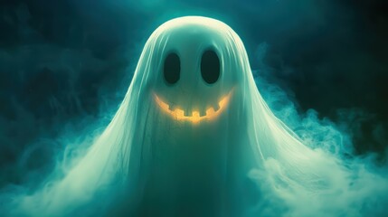 Fototapeta premium Halloween ghost glowing in the dark at night, funny cartoon character