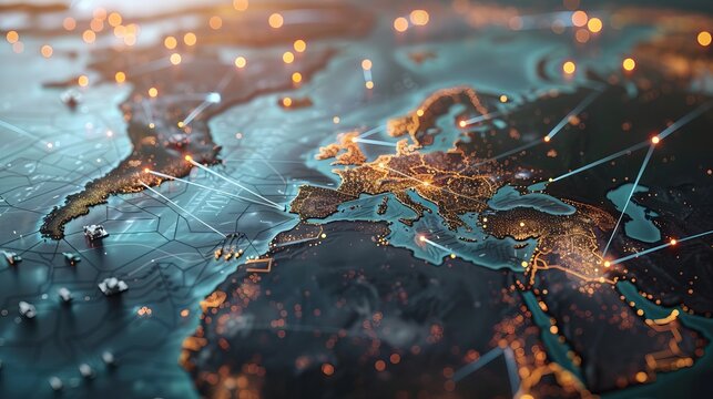 Intricate global value chains connecting manufacturers, suppliers, and distributors across borders - conceptual illustration of international trade and supply chains