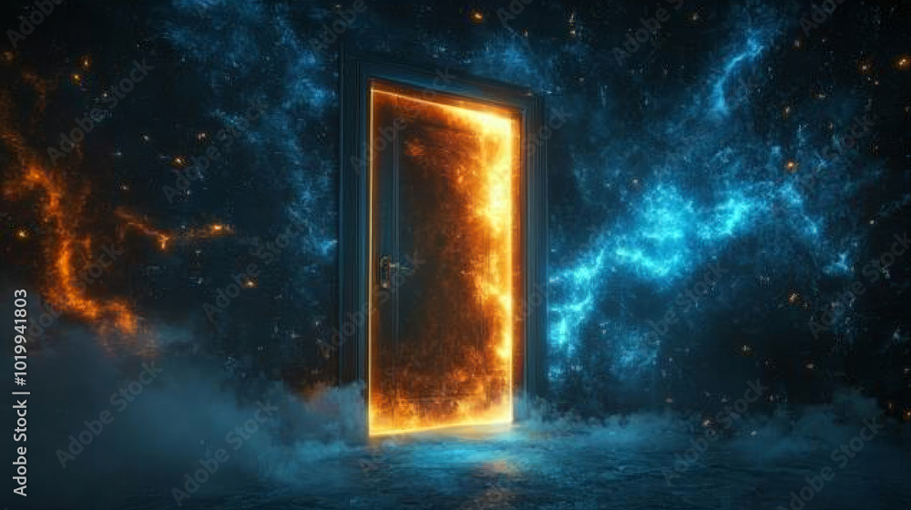 Poster a glowing door opens into a digital world. it's a gateway to a virtual universe, where data flows li