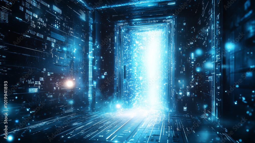 Poster a glowing door opens into a digital world. it's a gateway to a virtual universe, where data flows li