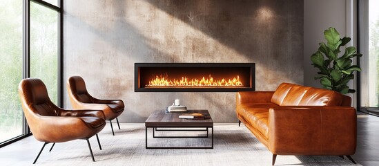 Modern Living Room with Fireplace and Leather Furniture