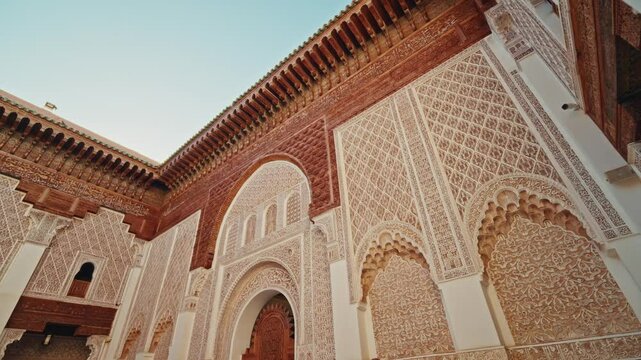 Panoramic view of the Medersa Ben Youssef in Marrakesh, Morocco.
View of the Islamic architecture and beautiful mosaics.