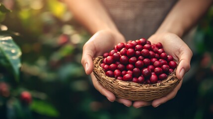A woman's hands holding a small basket of freshly picked red coffee beans, with a blurred background of coffee plants.