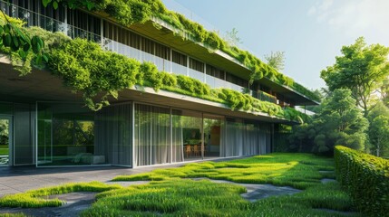 Fototapeta premium Modern Green Roof House with Lush Greenery and Glass Windows