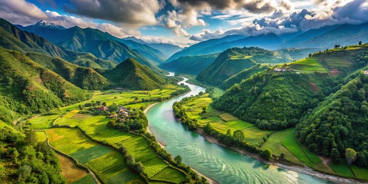 Serene View of Seti River Flowing Through Lush Green Valley in Nepal's Majestic Landscape