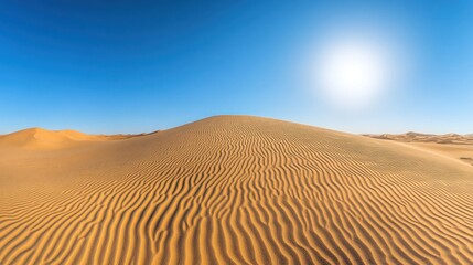 A vast, golden desert landscape stretches out under a brilliant blue sky, the sun casting a warm glow on the rippling sand dunes.