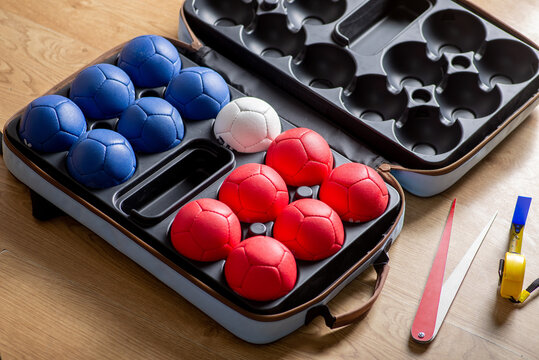 Set of balls and equipment for playing boccia on the court