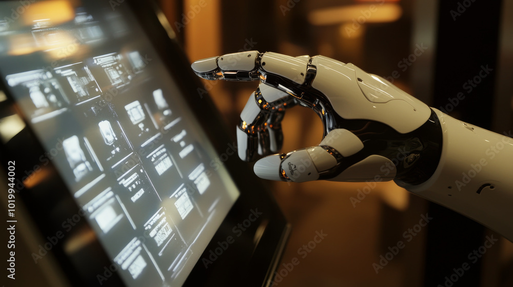 Poster the robot's hand touches a button on a futuristic screen, using its index finger. this shows how art