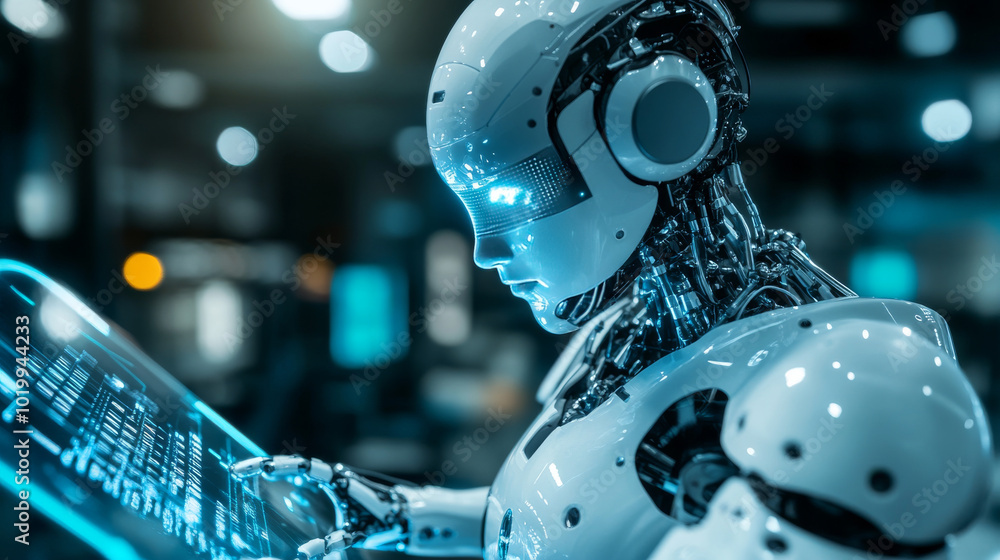 Poster a robot with a human-like face uses a virtual keyboard and interacts with a holographic display. thi