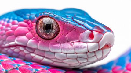 Close-up of pink and blue snake head with detailed scales.