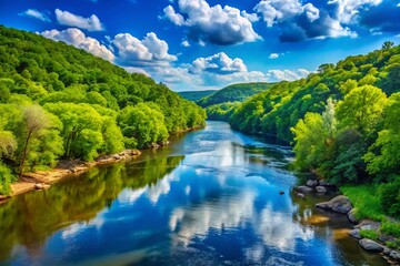Obraz premium Serene Wye River Landscape in Maryland Surrounded by Lush Green Trees and Clear Blue Skies