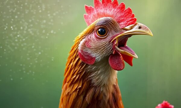 Vibrant rooster crowing on a sunny morning - nature and agriculture concept