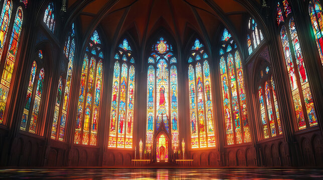 Church glass windows. Stained mosaic catholic for all saints' day background.
